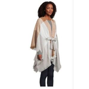 NWT World Market Fringe Windowpane Boucle Poncho With Belt in Cream, Tan - OSFM